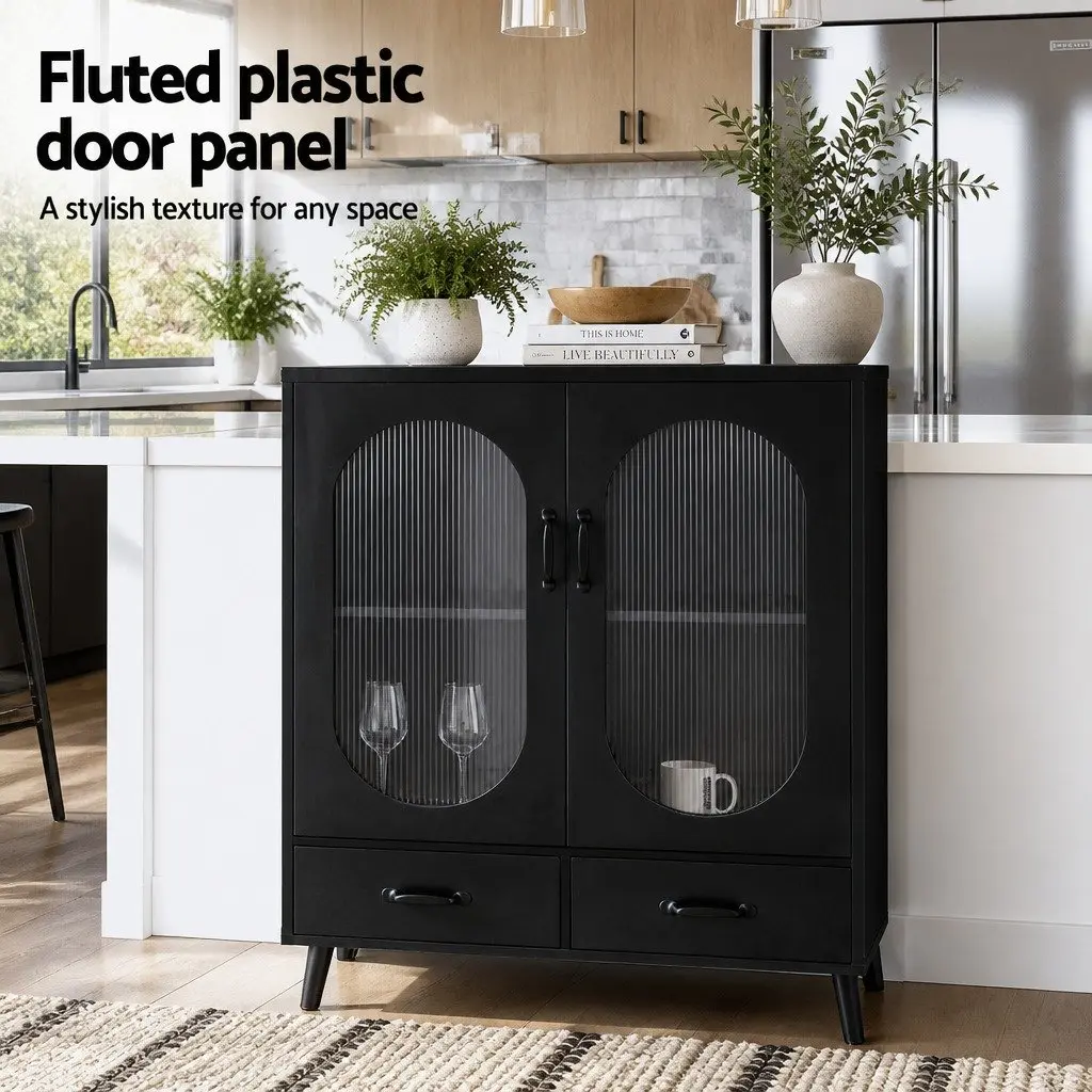 Buffet Sideboard Storage Cabinet Particle Board Acrylic Plastic Black 80cm x 40cm x 100cm