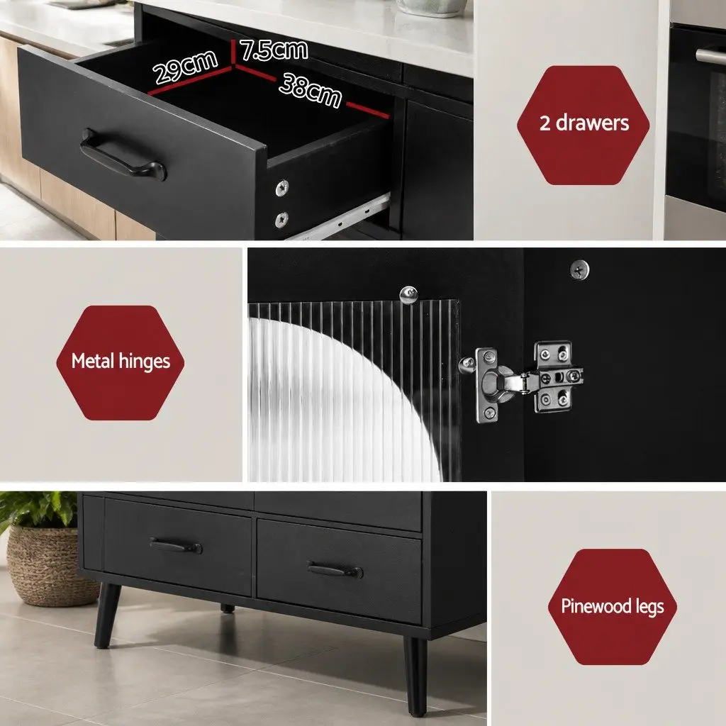 Buffet Sideboard Storage Cabinet Particle Board Acrylic Plastic Black 80cm x 40cm x 100cm