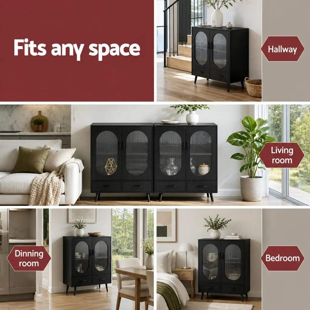Buffet Sideboard Storage Cabinet Particle Board Acrylic Plastic Black 80cm x 40cm x 100cm