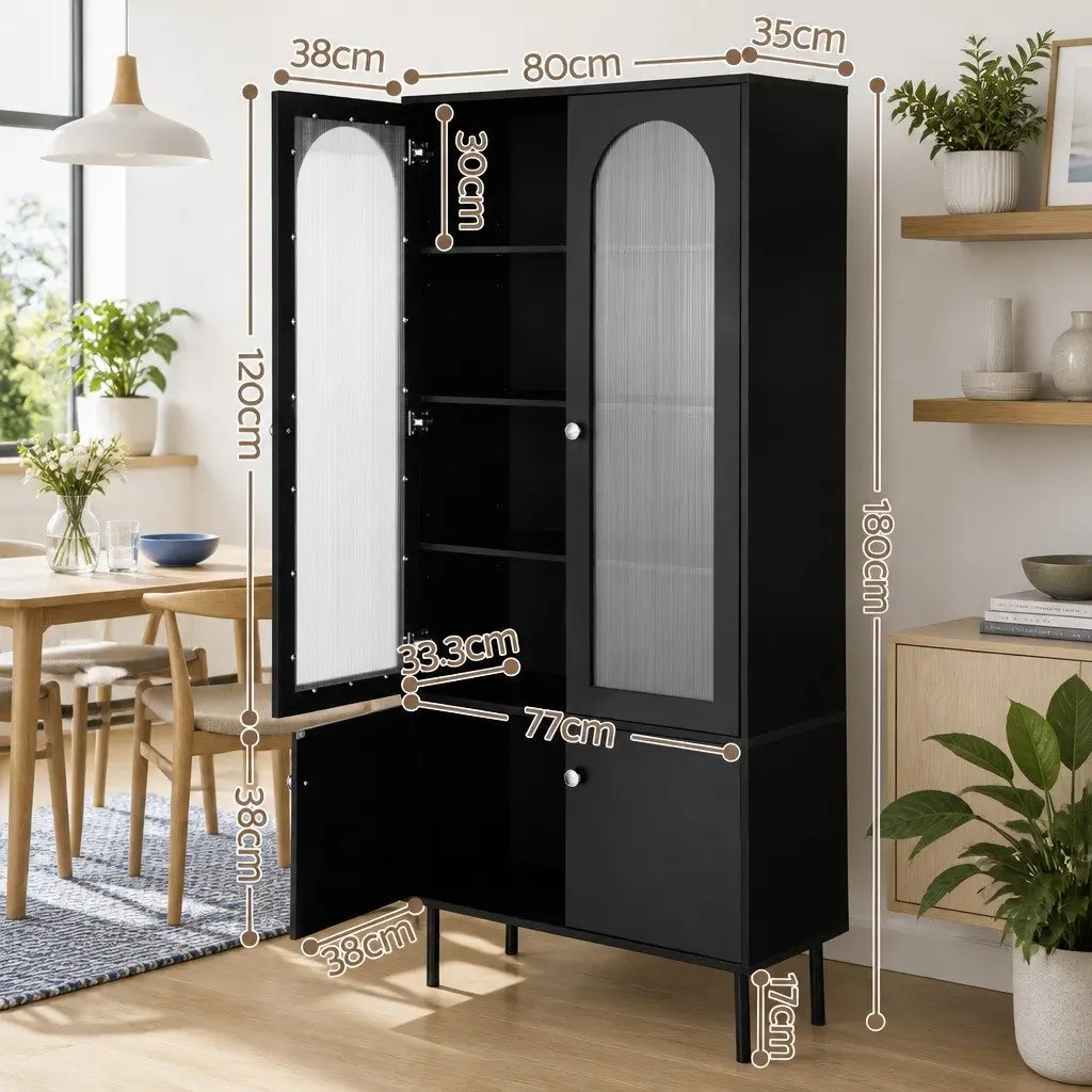 2 Piece Buffet Sideboard Cabinet Black Fluted Door 5-Tier Storage Cupboard with Two Drawers and Adjustable Metal Legs for Dining or Living Spaces