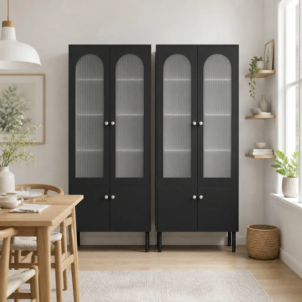 2 Piece Buffet Sideboard Cabinet Black Fluted Door 5-Tier Storage Cupboard with Two Drawers and Adjustable Metal Legs for Dining or Living Spaces