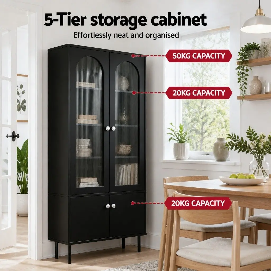 2 Piece Buffet Sideboard Cabinet Black Fluted Door 5-Tier Storage Cupboard with Two Drawers and Adjustable Metal Legs for Dining or Living Spaces
