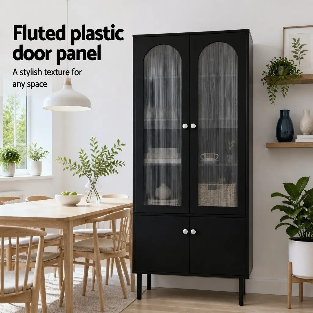2 Piece Buffet Sideboard Cabinet Black Fluted Door 5-Tier Storage Cupboard with Two Drawers and Adjustable Metal Legs for Dining or Living Spaces