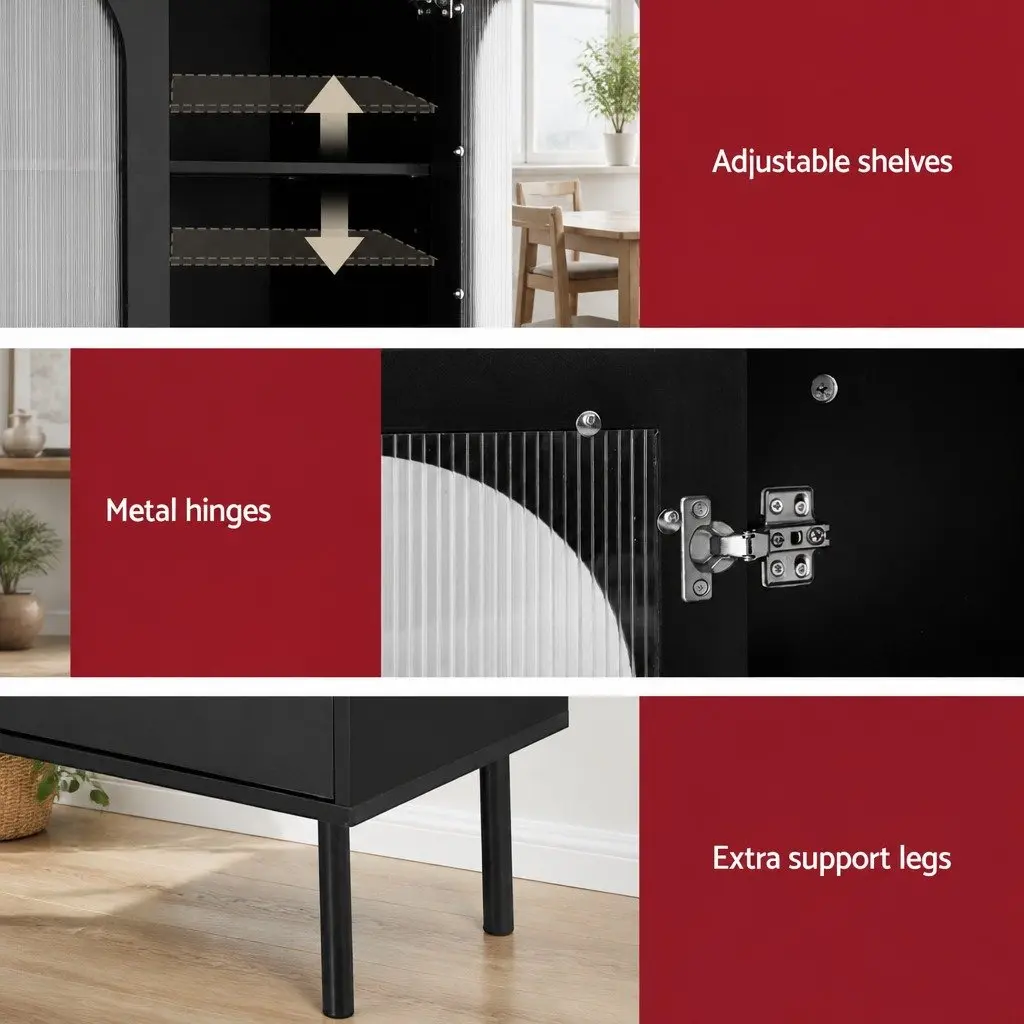 2 Piece Buffet Sideboard Cabinet Black Fluted Door 5-Tier Storage Cupboard with Two Drawers and Adjustable Metal Legs for Dining or Living Spaces