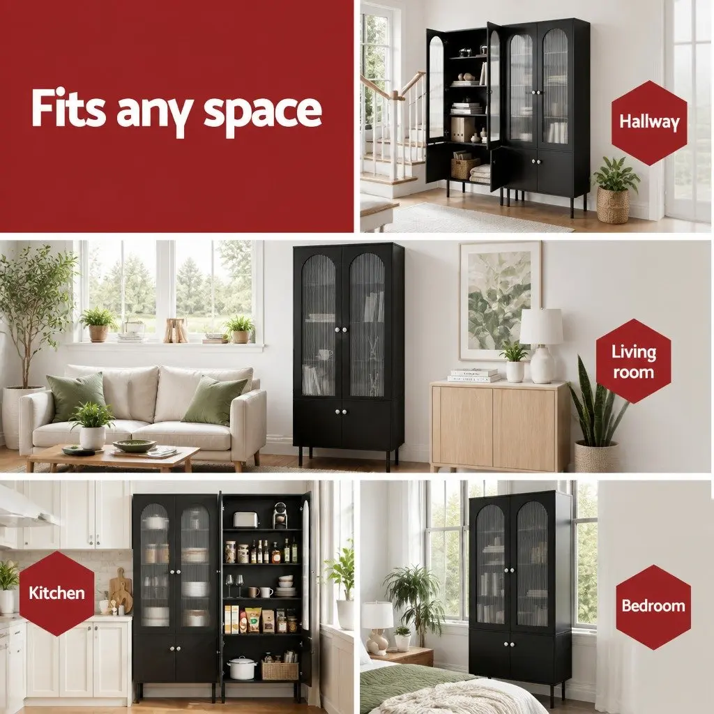 2 Piece Buffet Sideboard Cabinet Black Fluted Door 5-Tier Storage Cupboard with Two Drawers and Adjustable Metal Legs for Dining or Living Spaces