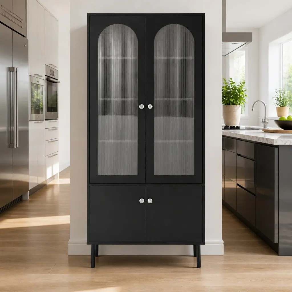 Buffet Sideboard Storage Cabinet 5-Tier Black Particle Board Acrylic Plastic