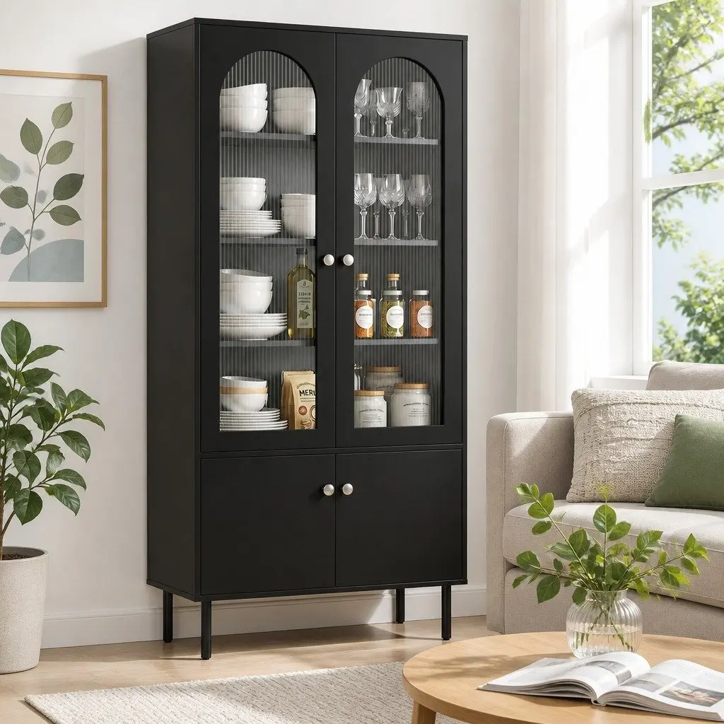 Buffet Sideboard Storage Cabinet 5-Tier Black Particle Board Acrylic Plastic