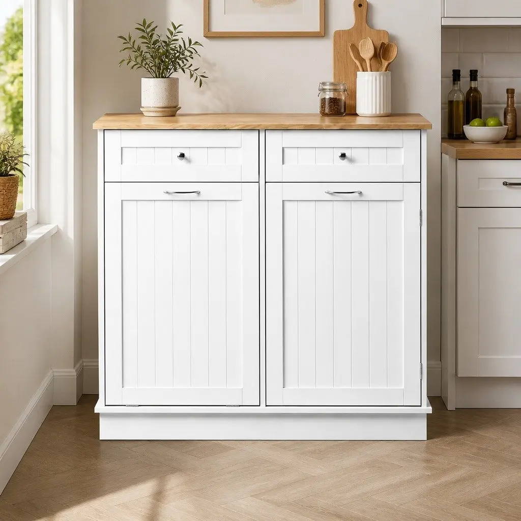 White Buffet Sideboard Cabinet Tilt Out Bin Holder Kitchen Storage Cupboard