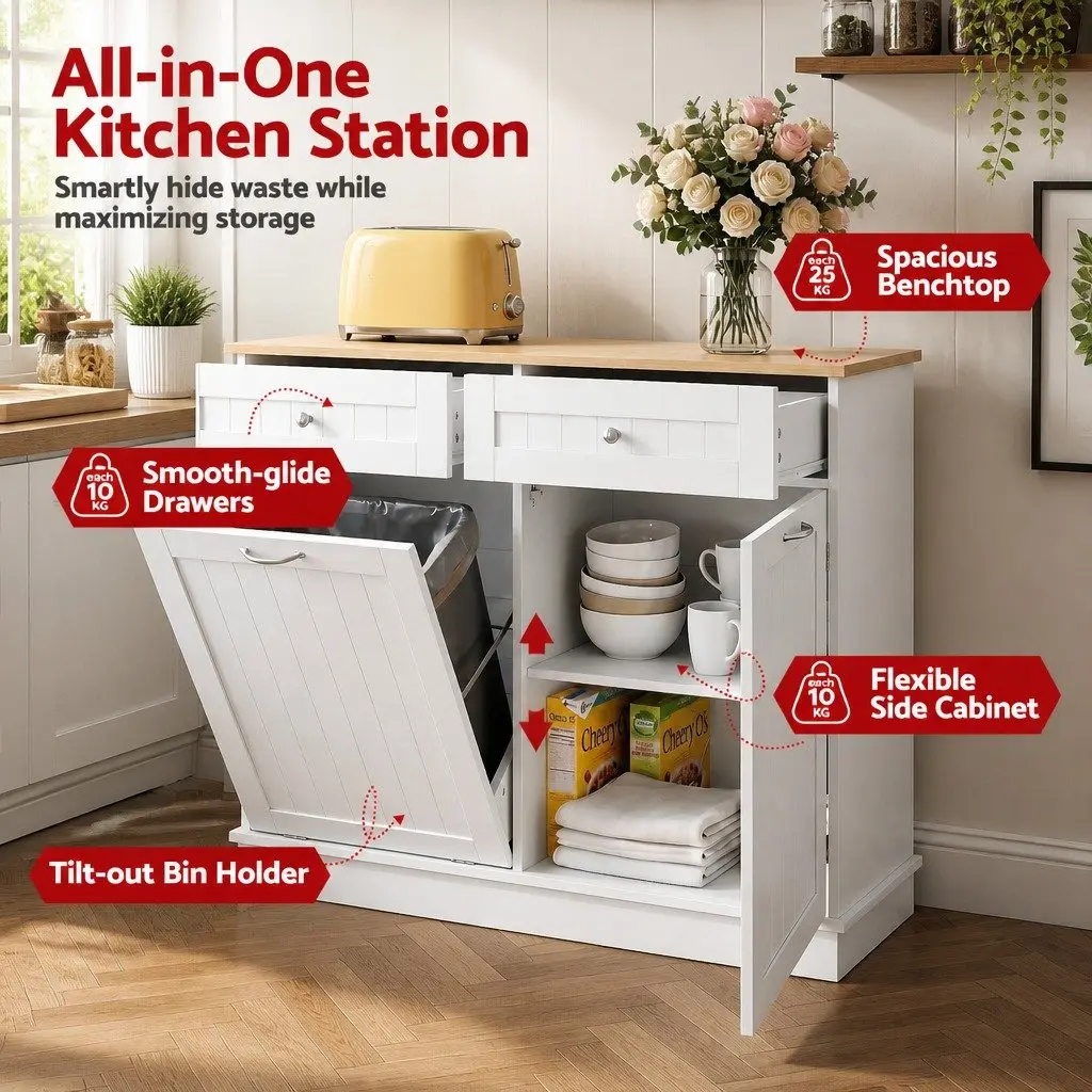 White Buffet Sideboard Cabinet Tilt Out Bin Holder Kitchen Storage Cupboard