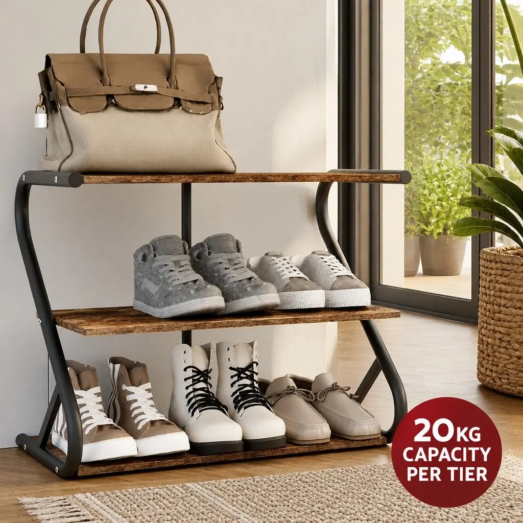 Shoe Rack Cabinet 3 Tier Storage Stand Organizer Walnut Open Shelving Design