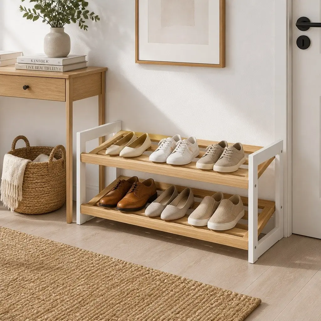 Shoe Rack Pine Wood 2 Tier 74cm White Storage Organizer for Entryway Hallway Bedroom