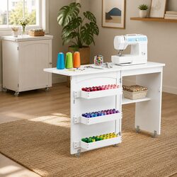 Folding Sewing Table Rolling Craft Work Station Storage Bins Wheels White