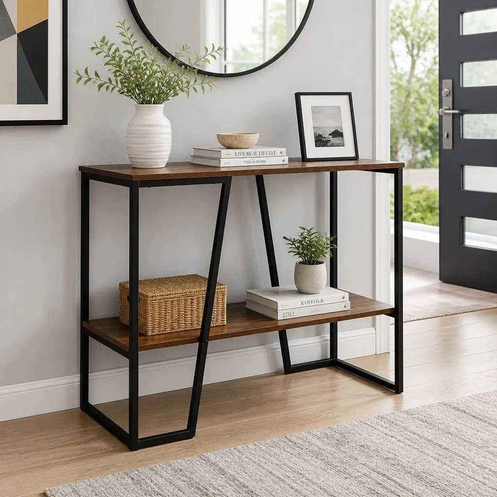 Console Table Particle Board and Metal Frame 106CM 2-Tier Walnut and Black