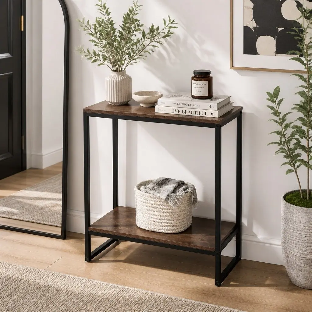 Console Table Particle Board and Metal Frame 106CM 2-Tier Walnut and Black