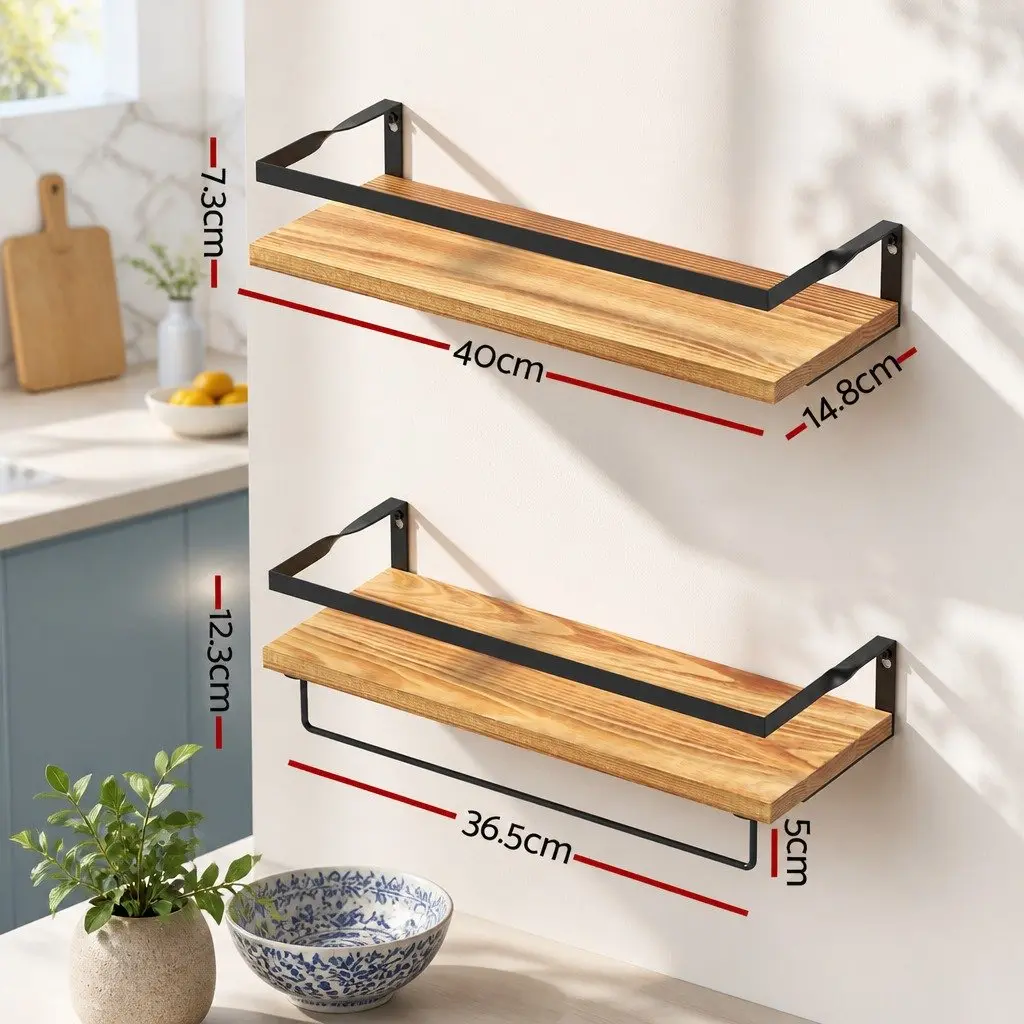 Floating Wall Shelf Pine Wood Set of 2 with Metal Brackets 40cm W Black