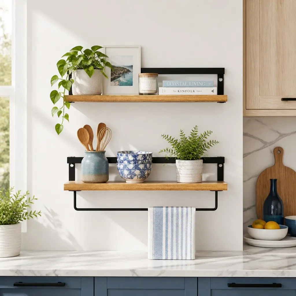 Floating Wall Shelf Pine Wood Set of 2 with Metal Brackets 40cm W Black