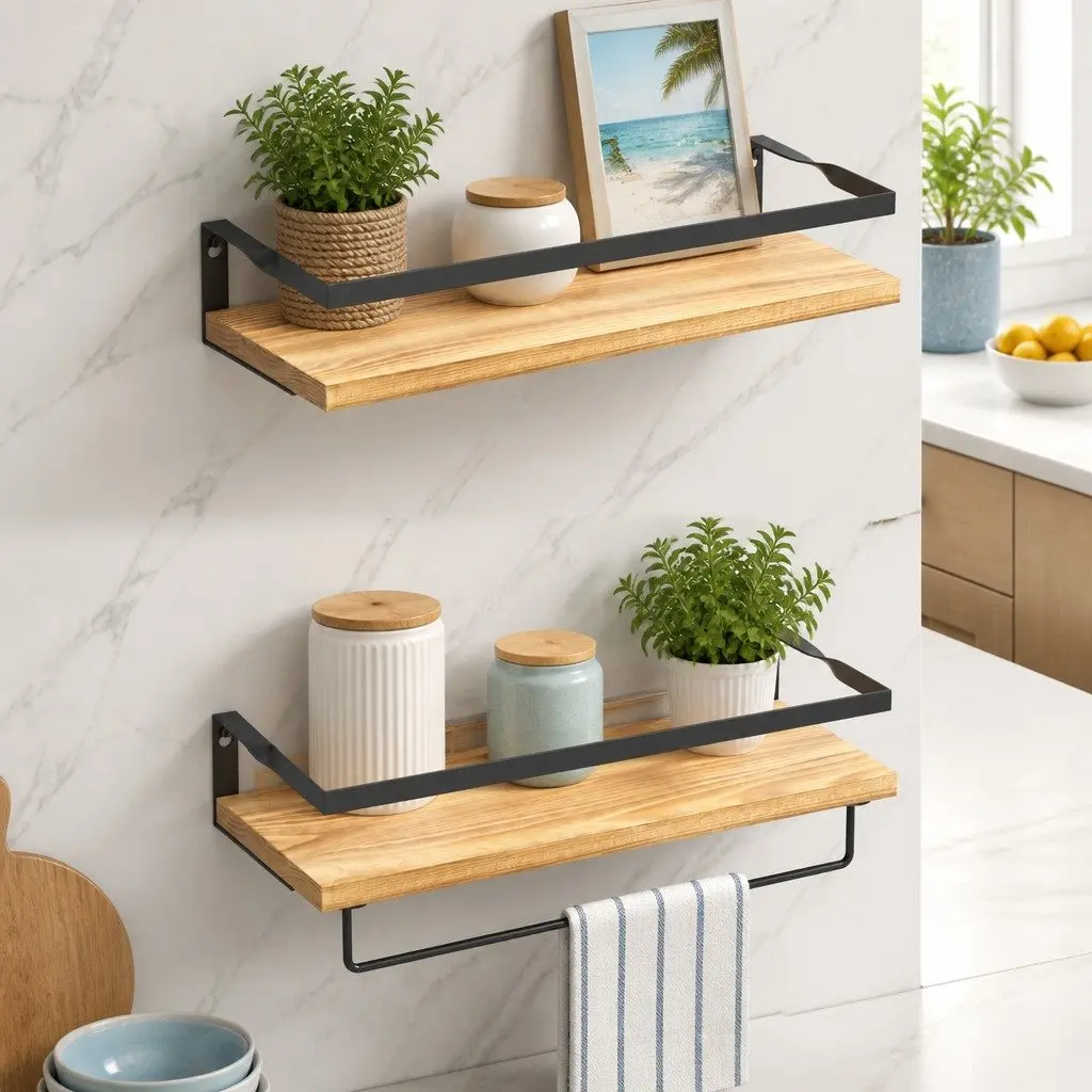 Floating Wall Shelf Pine Wood Set of 2 with Metal Brackets 40cm W Black