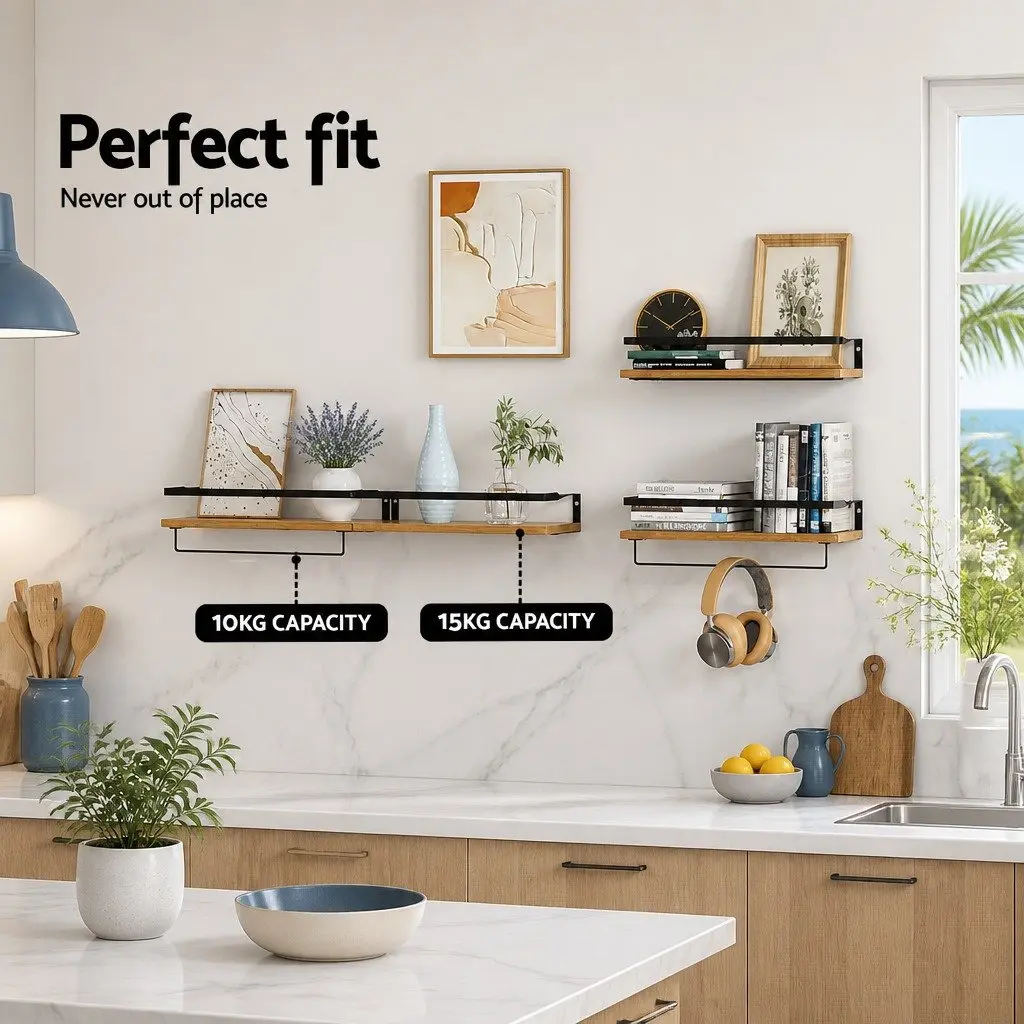 Floating Wall Shelf Pine Wood Set of 2 with Metal Brackets 40cm W Black