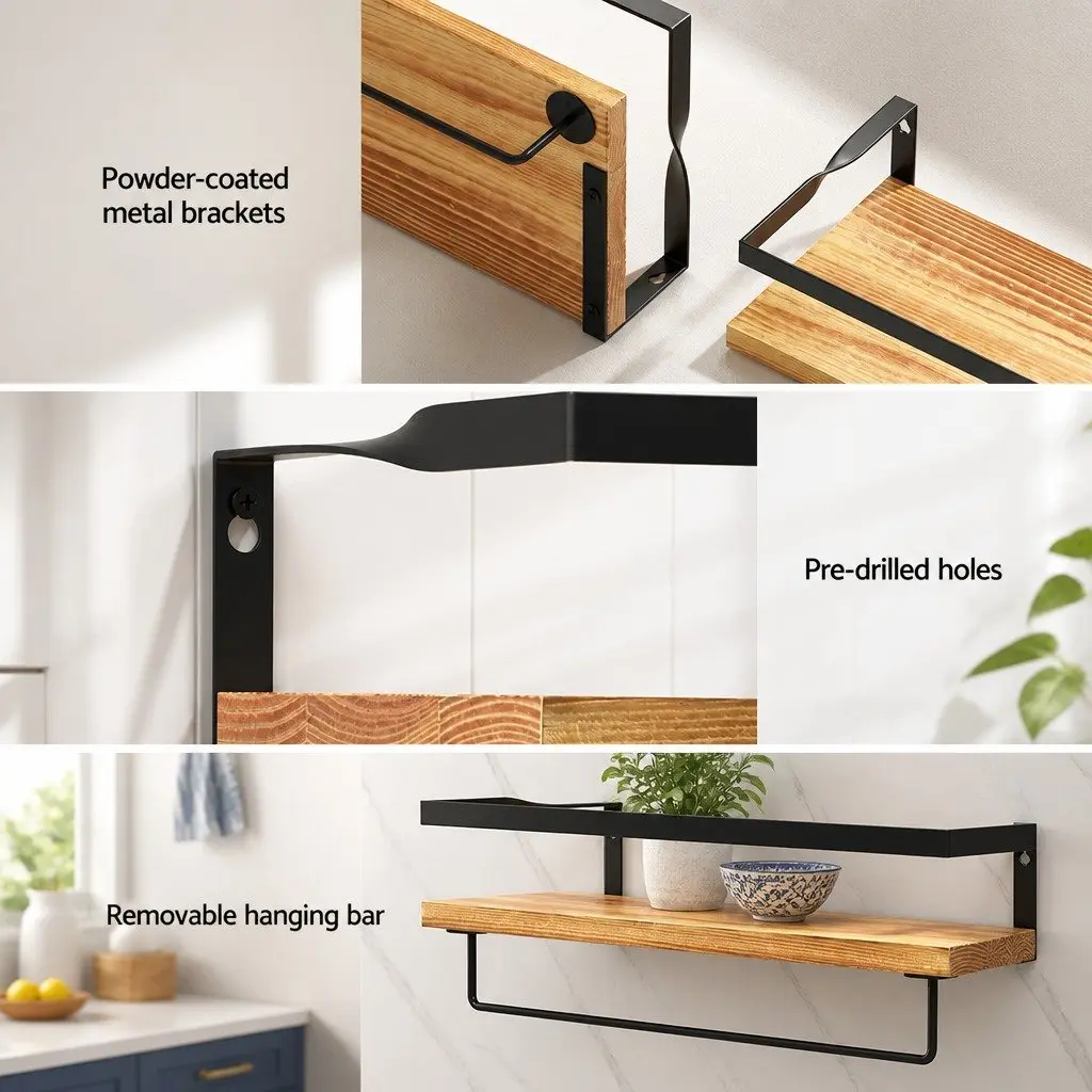 Floating Wall Shelf Pine Wood Set of 2 with Metal Brackets 40cm W Black