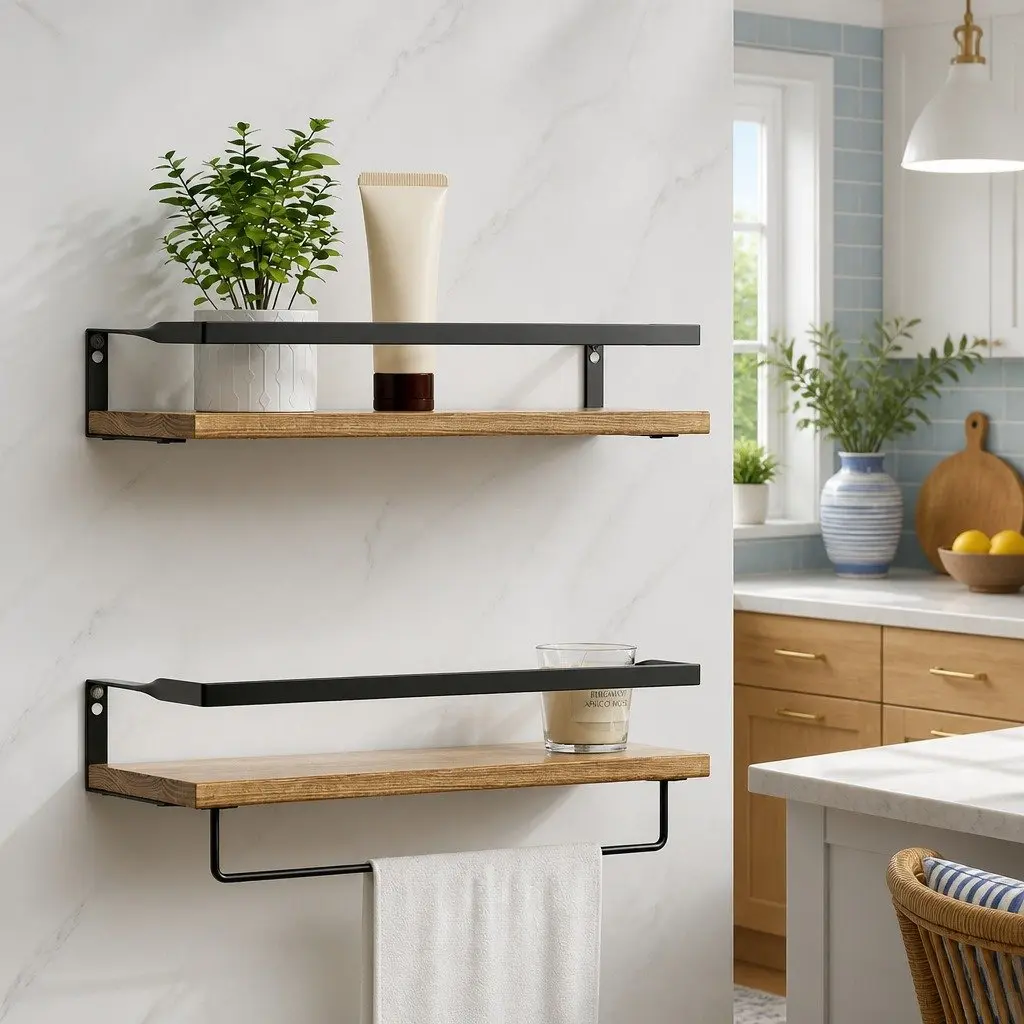 Floating Wall Shelf Pine Wood Set of 2 with Metal Brackets 40cm W Black