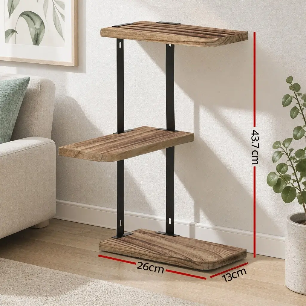 Floating Wall Shelf 3-Tier Solid Paulownia Wood Rust Oak Black Metal Brackets 26cm W x 13cm D x 43.7cm H