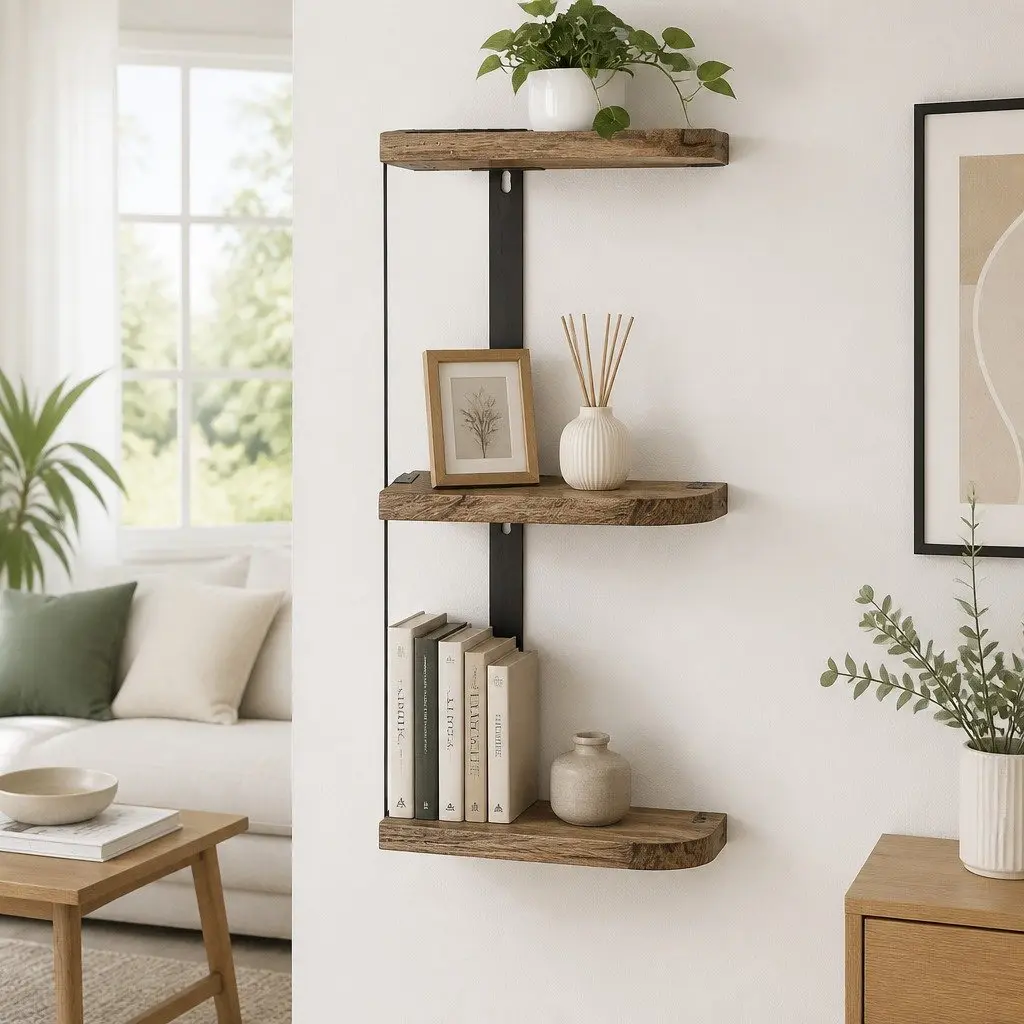 Floating Wall Shelf 3-Tier Solid Paulownia Wood Rust Oak Black Metal Brackets 26cm W x 13cm D x 43.7cm H