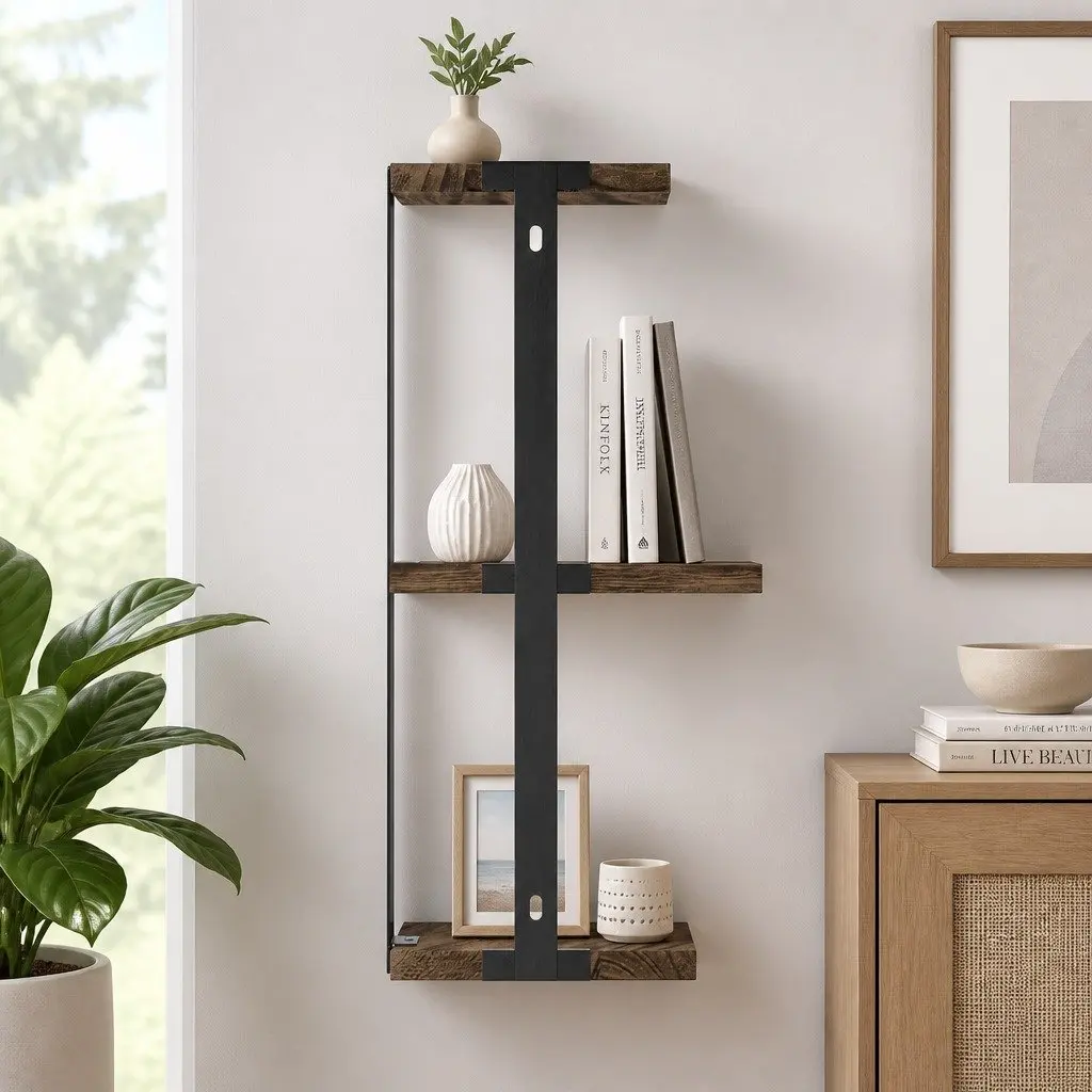 Floating Wall Shelf 3-Tier Solid Paulownia Wood Rust Oak Black Metal Brackets 26cm W x 13cm D x 43.7cm H