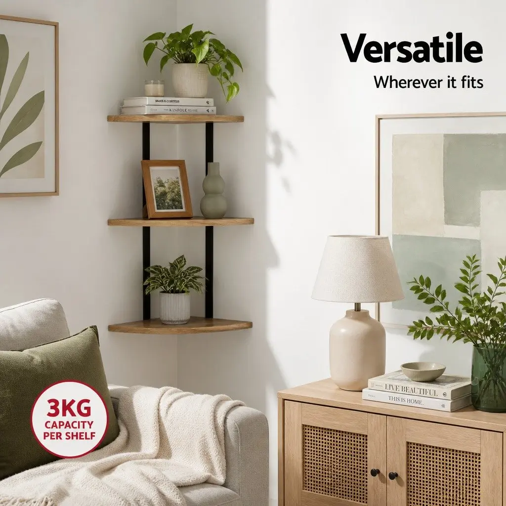 Floating Wall Shelf 3-Tier Solid Paulownia Wood Rust Oak Black Metal Brackets 26cm W x 13cm D x 43.7cm H