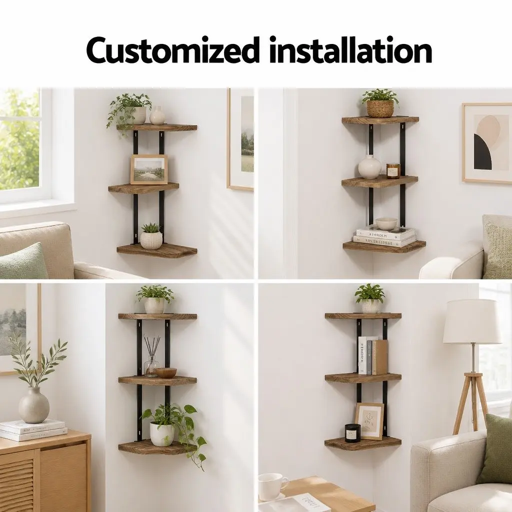 Floating Wall Shelf 3-Tier Solid Paulownia Wood Rust Oak Black Metal Brackets 26cm W x 13cm D x 43.7cm H