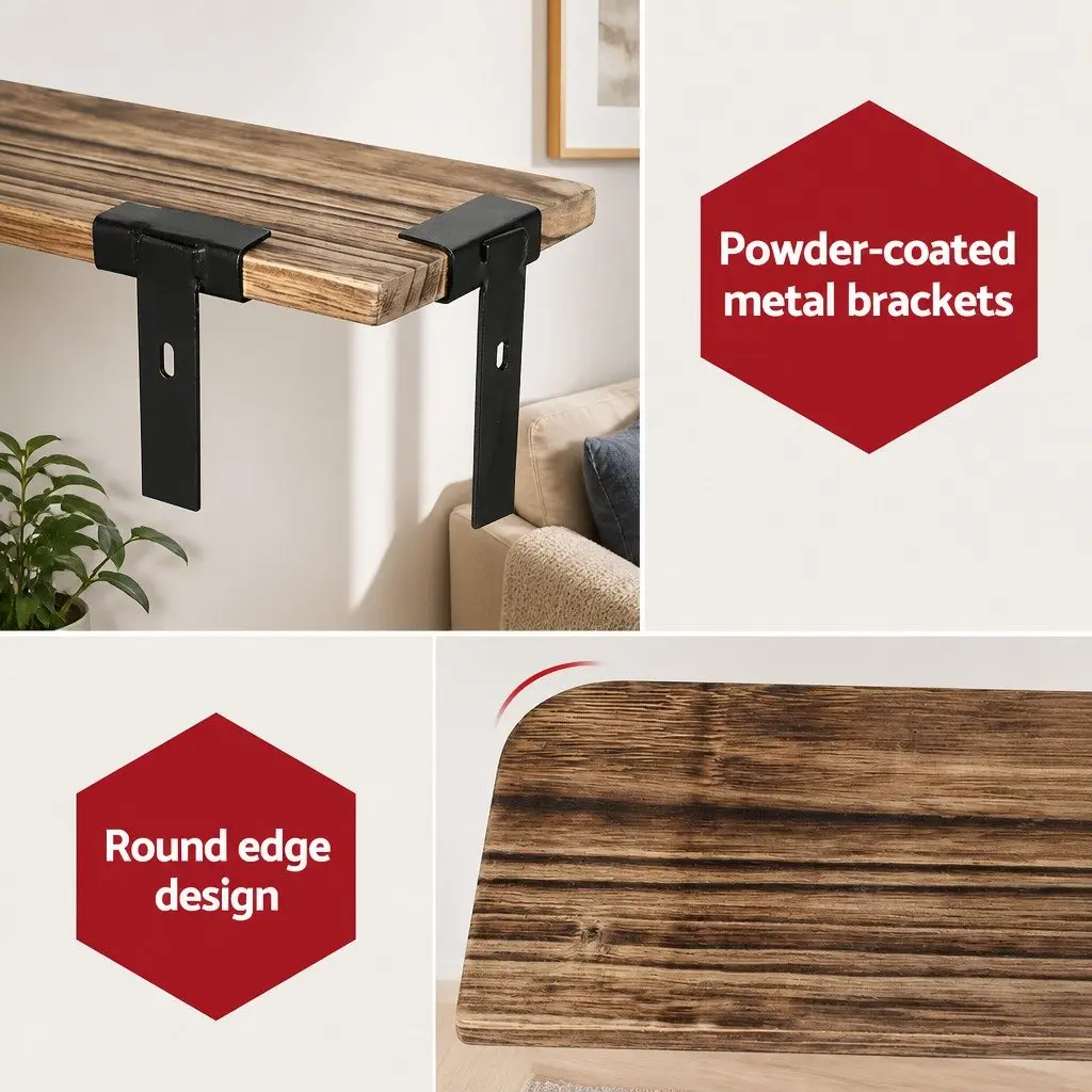 Floating Wall Shelf 3-Tier Solid Paulownia Wood Rust Oak Black Metal Brackets 26cm W x 13cm D x 43.7cm H