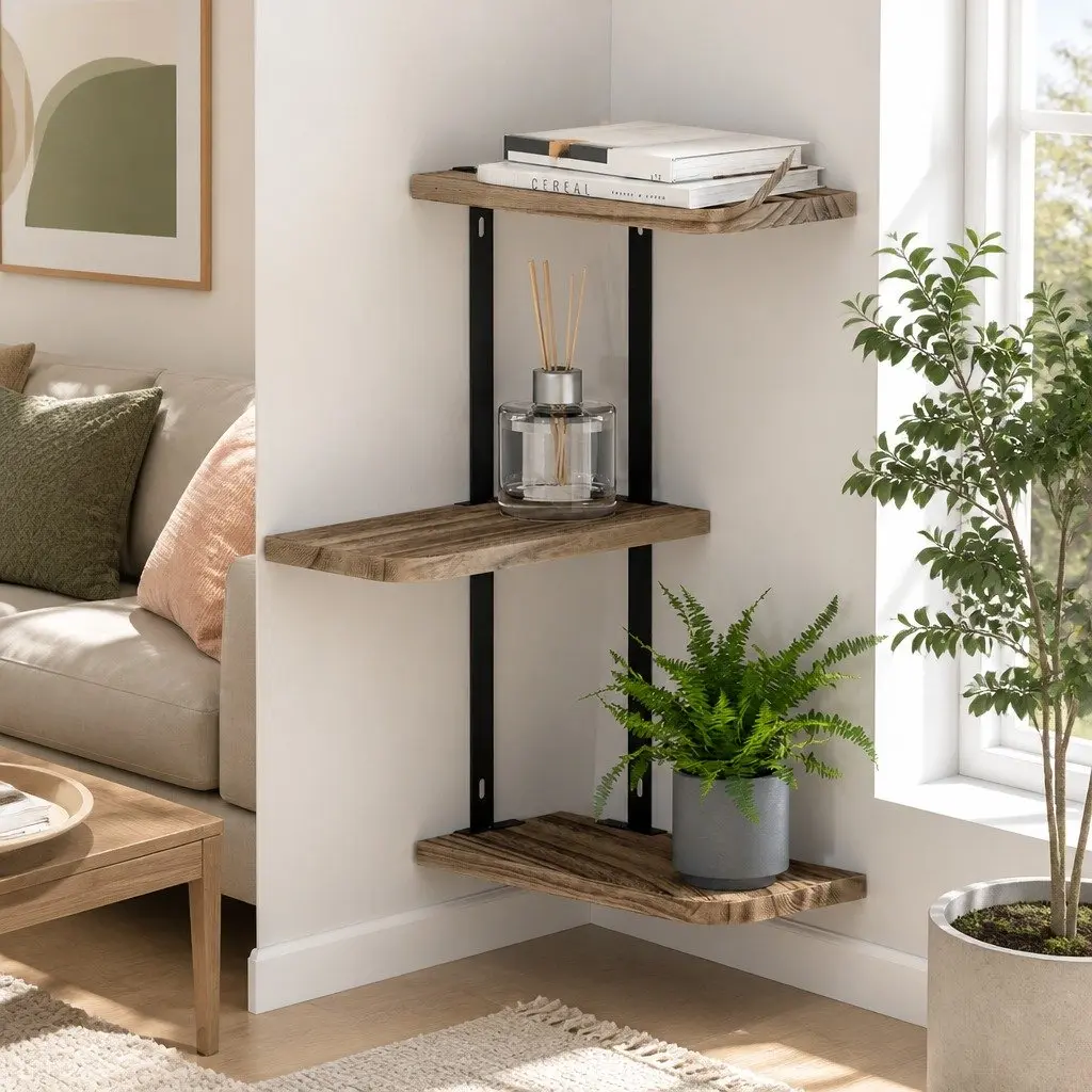 Floating Wall Shelf 3-Tier Solid Paulownia Wood Rust Oak Black Metal Brackets 26cm W x 13cm D x 43.7cm H