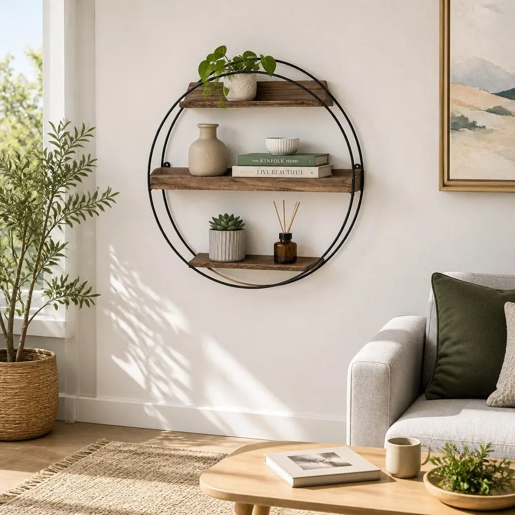 3-Tier Round Floating Wall Shelf Solid Wood and Metal Corner Storage Rust Oak