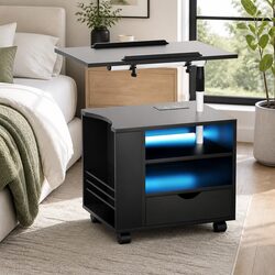 Black Bedside Table Adjustable Laptop Tray USB Type-C Charging LED Lights