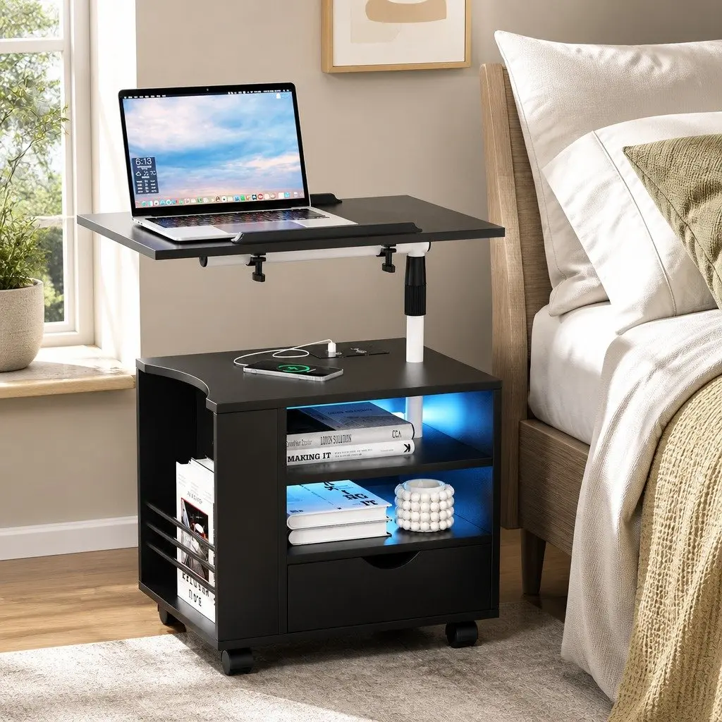 Black Bedside Table MDF Adjustable Laptop Tray with USB Type-C Charging and LED Lights