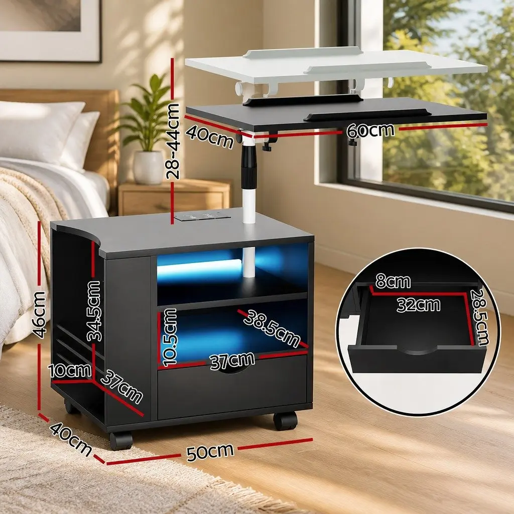Black Bedside Table MDF Adjustable Laptop Tray with USB Type-C Charging and LED Lights