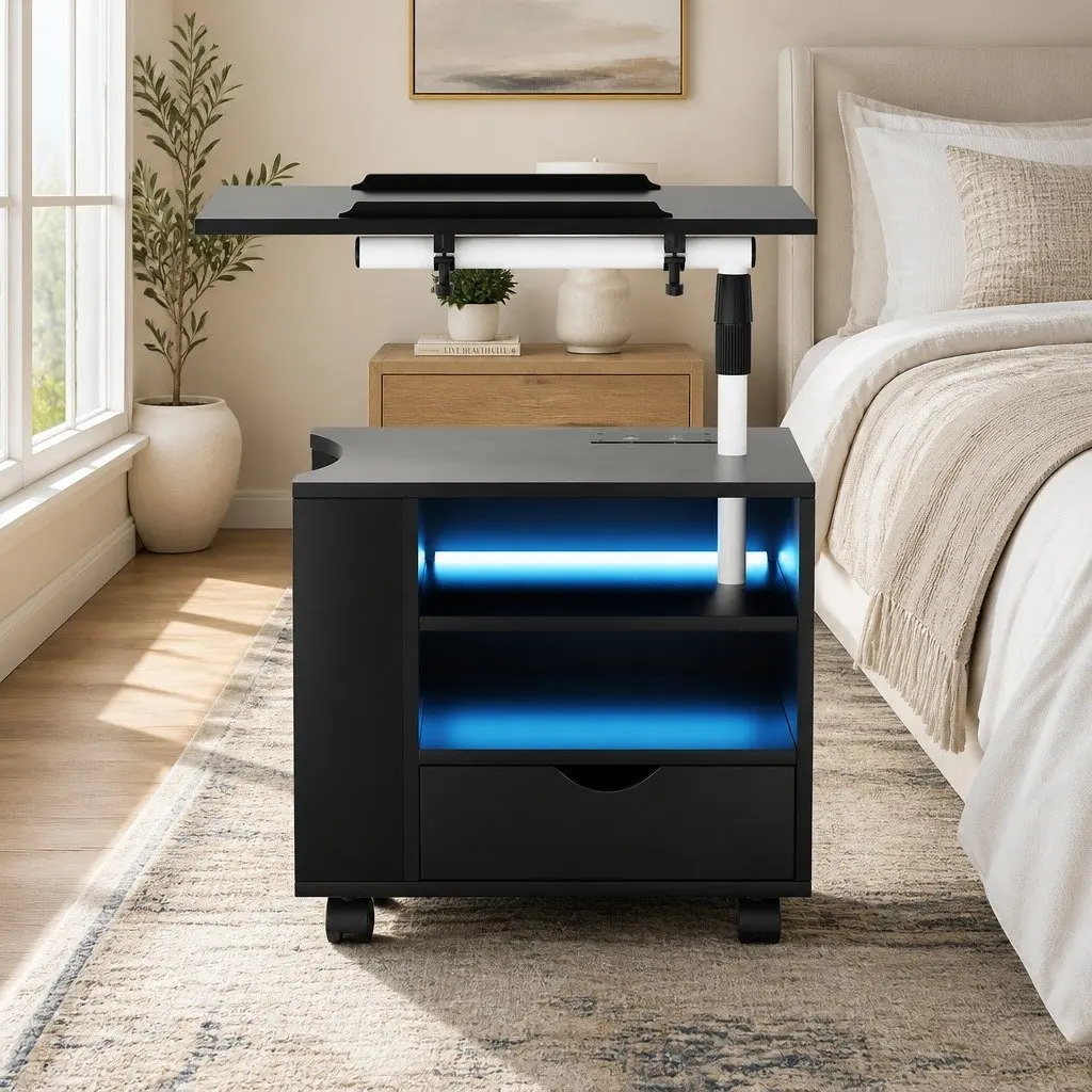 Black Bedside Table MDF Adjustable Laptop Tray with USB Type-C Charging and LED Lights