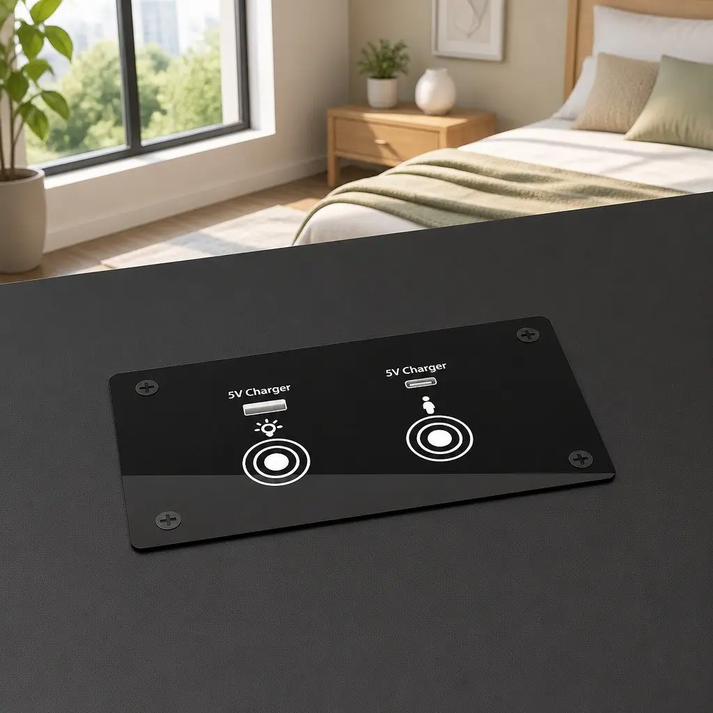 Black Bedside Table MDF Adjustable Laptop Tray with USB Type-C Charging and LED Lights