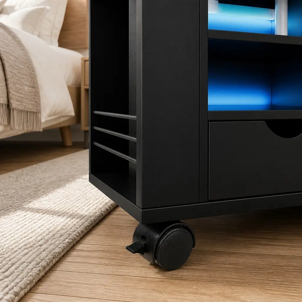Black Bedside Table MDF Adjustable Laptop Tray with USB Type-C Charging and LED Lights