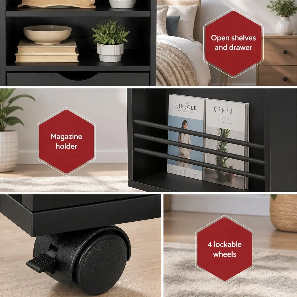 Black Bedside Table MDF Adjustable Laptop Tray with USB Type-C Charging and LED Lights