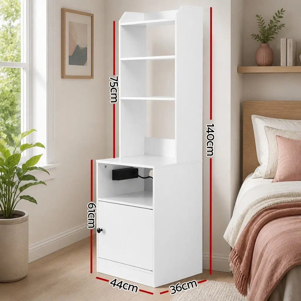 Bedside Table Nightstand with Charging Station White Bedroom Storage Furniture