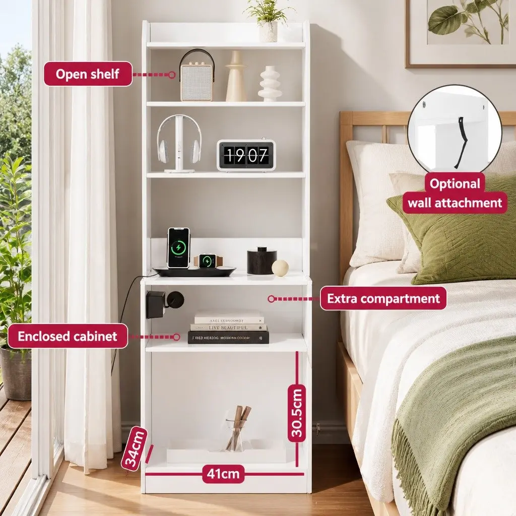 Bedside Table Nightstand with Charging Station White Bedroom Storage Furniture