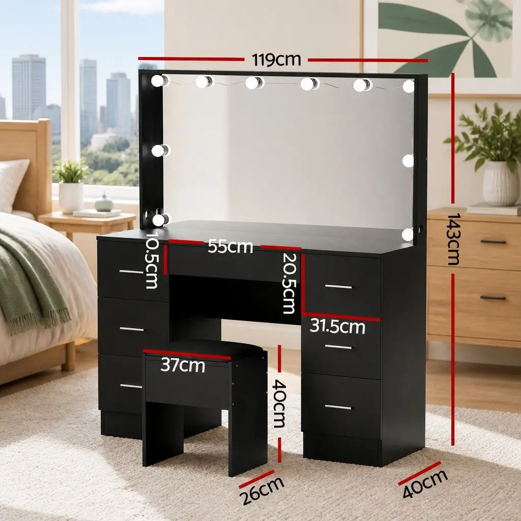 Vanity Desk Set Black LED Mirror 10 Bulbs 7 Drawers with Stool and Hollywood Style Makeup Mirror