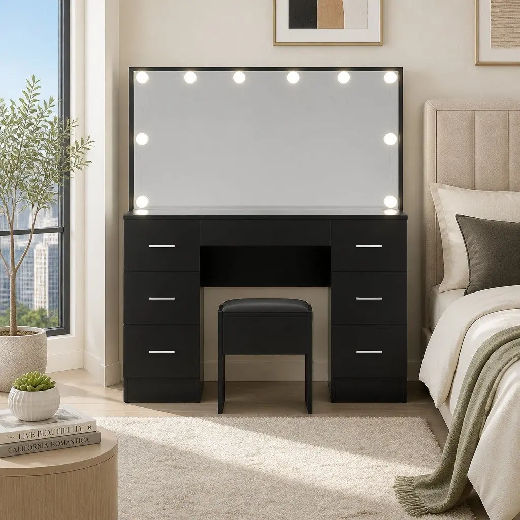 Vanity Desk Set Black LED Mirror 10 Bulbs 7 Drawers with Stool and Hollywood Style Makeup Mirror