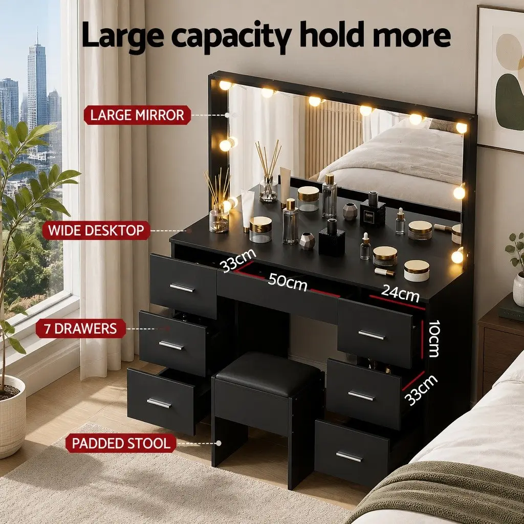 Vanity Desk Set Black LED Mirror 10 Bulbs 7 Drawers with Stool and Hollywood Style Makeup Mirror