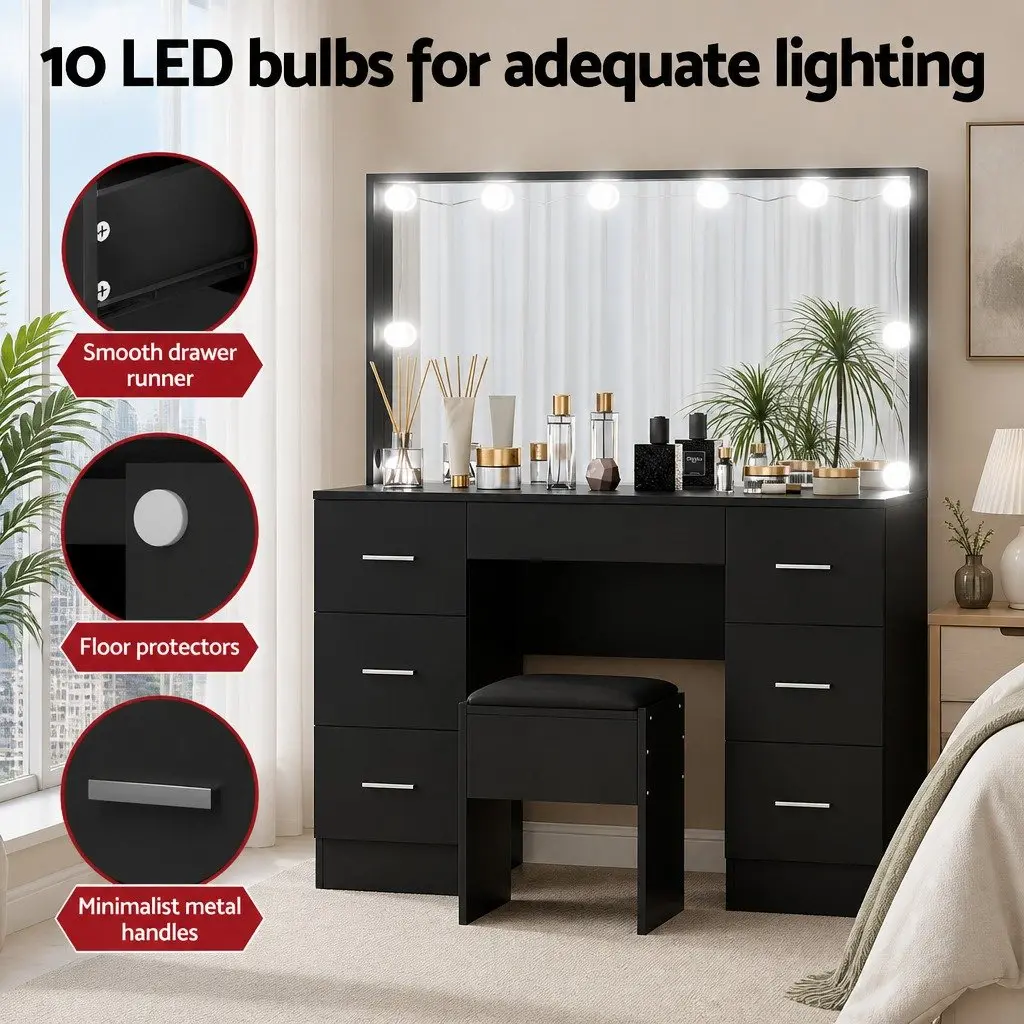 Vanity Desk Set Black LED Mirror 10 Bulbs 7 Drawers with Stool and Hollywood Style Makeup Mirror