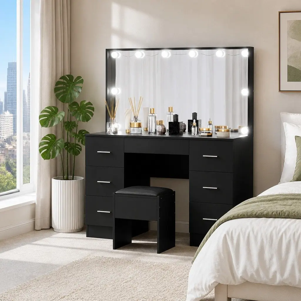 Vanity Desk Set Black LED Mirror 10 Bulbs 7 Drawers with Stool and Hollywood Style Makeup Mirror