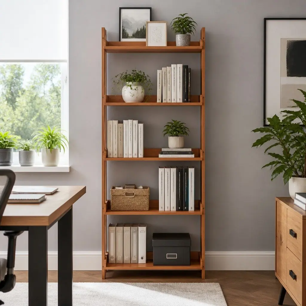 Foldable 5-Tier Floating Shelf Oak Wood Display Unit for Books and Décor