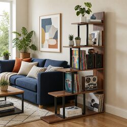 5 Tier Ladder Bookshelf Corner L-Shaped Storage Bookcase Display Unit Walnut