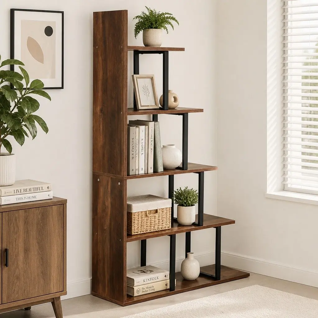 5 Tier Ladder Bookshelf Corner L-Shaped Storage Bookcase Display Unit Walnut