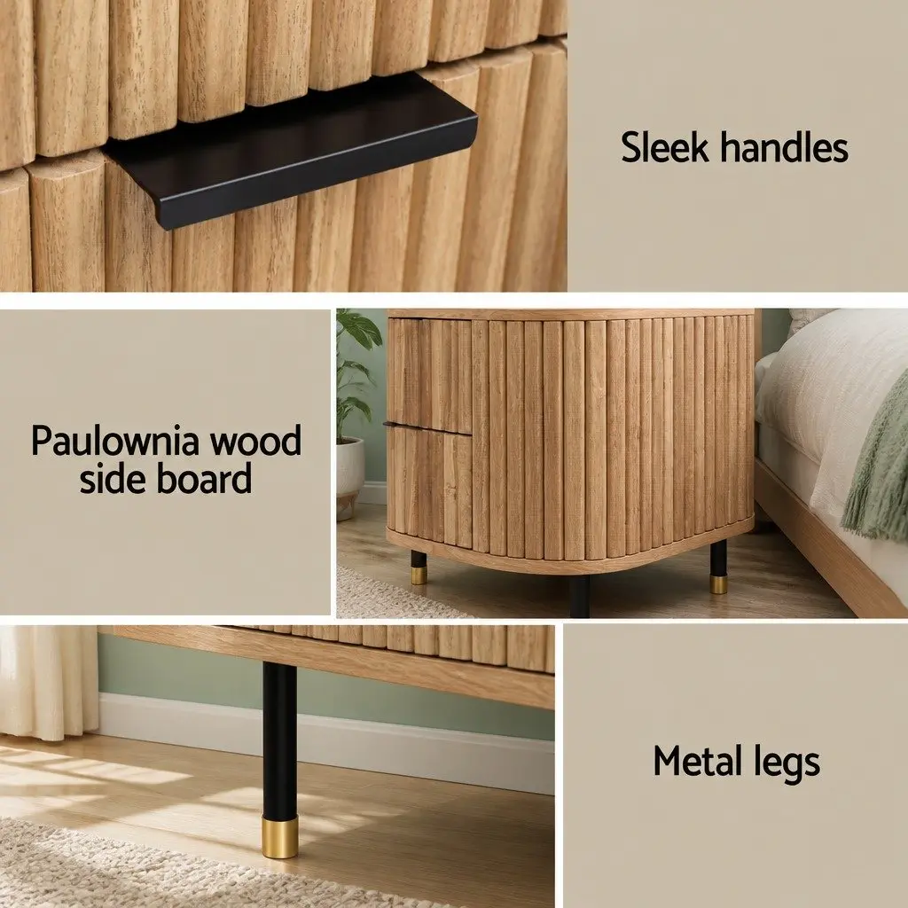 Bedside Table Wood Pine 56cm W x 42cm D x 45.5cm H 2 Drawers Metal Legs